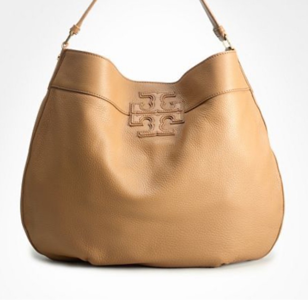 Tory Burch Stacked T Slouchy Hobo Bag Shoulder Handbag Camel/Tan/Brown Lined